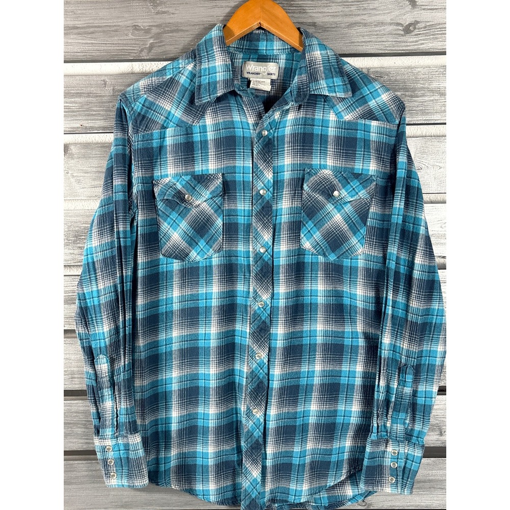 Wrangler Wrancher Mens Blue Plaid Pearl Snap Western Flannel Shirt M Vtg y2k